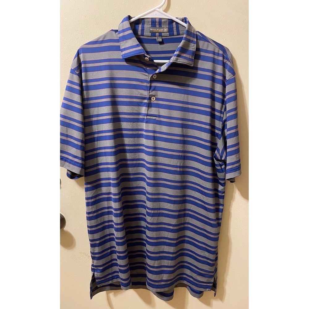 Peter Millar Summer Comfort Striped Polo Shirt Mens Large Blue Grey Performance
